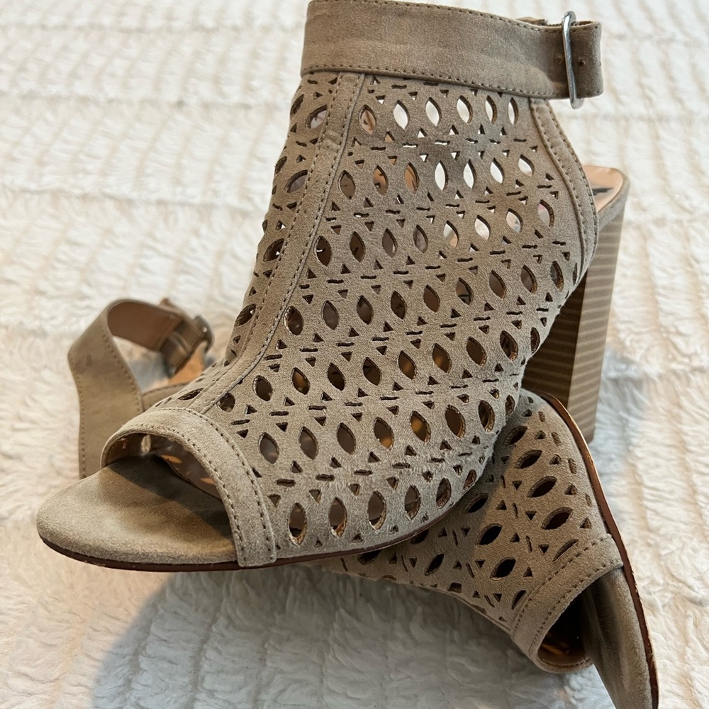 Cream Suede Thick Heel Strap Heels